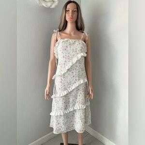 Lulus White Floral Print Tie Strap Midi Dress Sz M